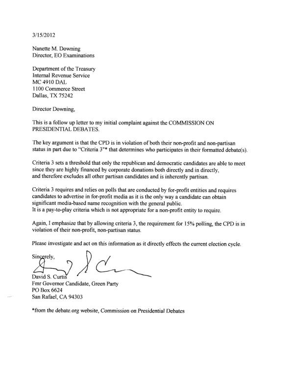 Letter to IRS RE: CPD